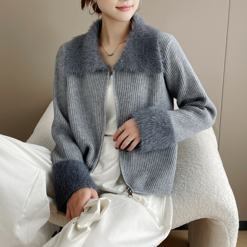 秋冬外套女现货韩版修身气质拼接仿水貂毛内搭针织拉链开衫毛衣女|undefined