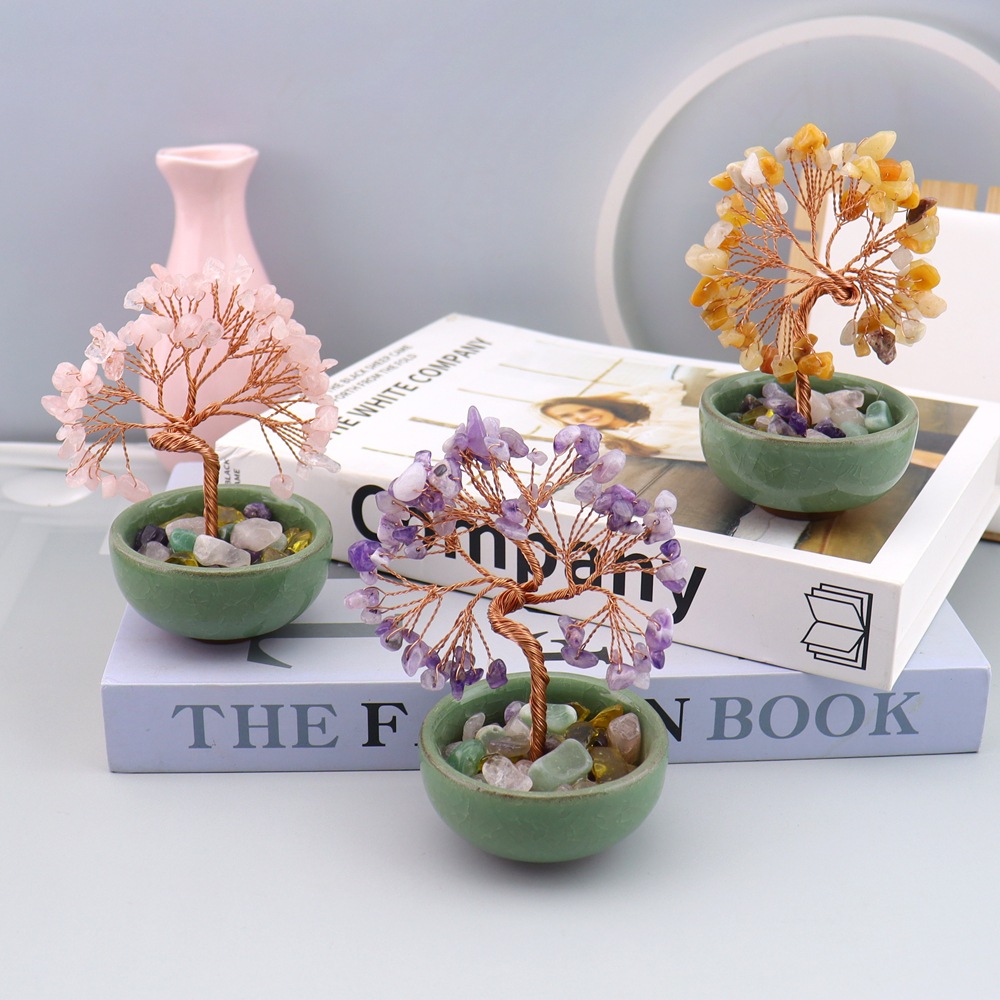 Natural Citrine Fortune Tree Tea Cup Treasure Bowl Crystal Money Tree Desktop Decoration Crystal Tree Ornament H14