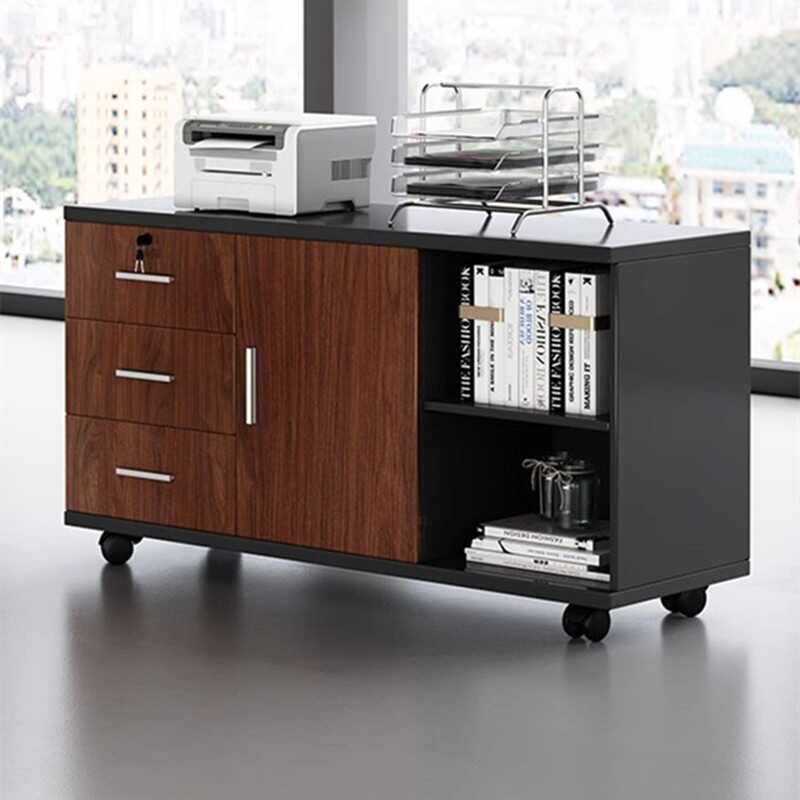 Corner side cabinet for office desk, movable drawer file cabinet, wooden storage cabinet with lock, computer and printer cabinet