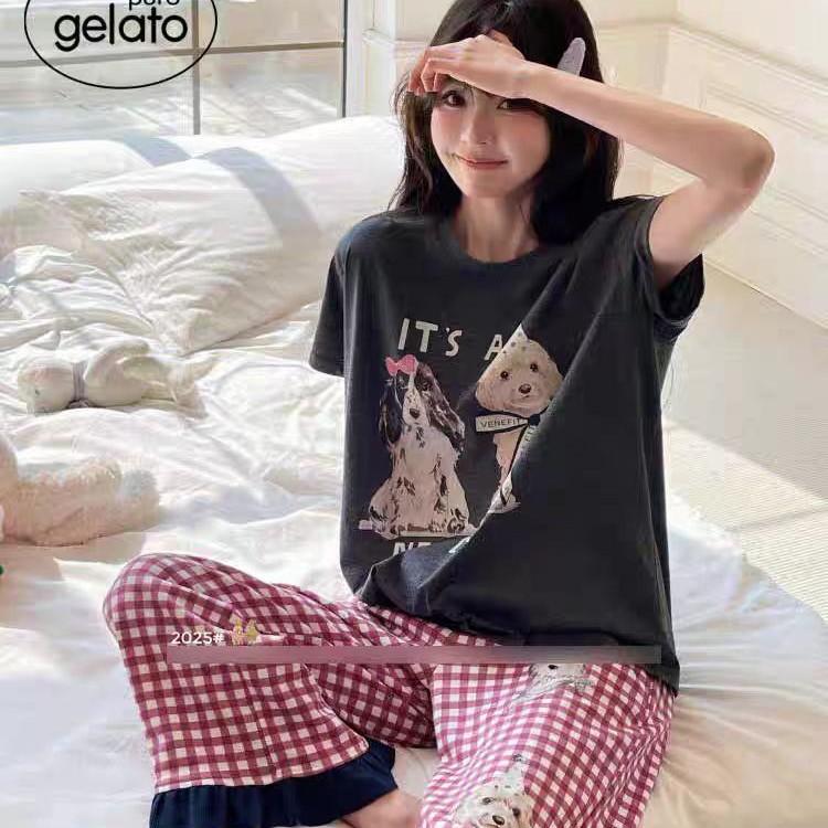 2025 봄 새로운 귀여운 커플 개 활 레이스 크루 넥 파자마 짧은 소매 바지 홈 옷