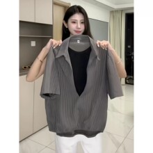 咖色老钱风竖条纹V领短袖衬衫男夏季假两件拼接衬衣cleanfit半袖