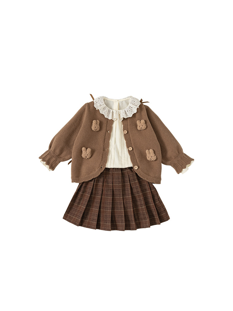 Conjunto para Niñas de Cárdigan y Falda Plisada de 3 Piezas en Fibra Acrílica Suave para Primavera y Otoño