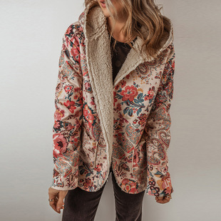 2025 New Autumn and Winter Velvet Hooded Jacket for Women European and American Ethnic Style Paisley Printed Long-Sleeved Jacket for Women