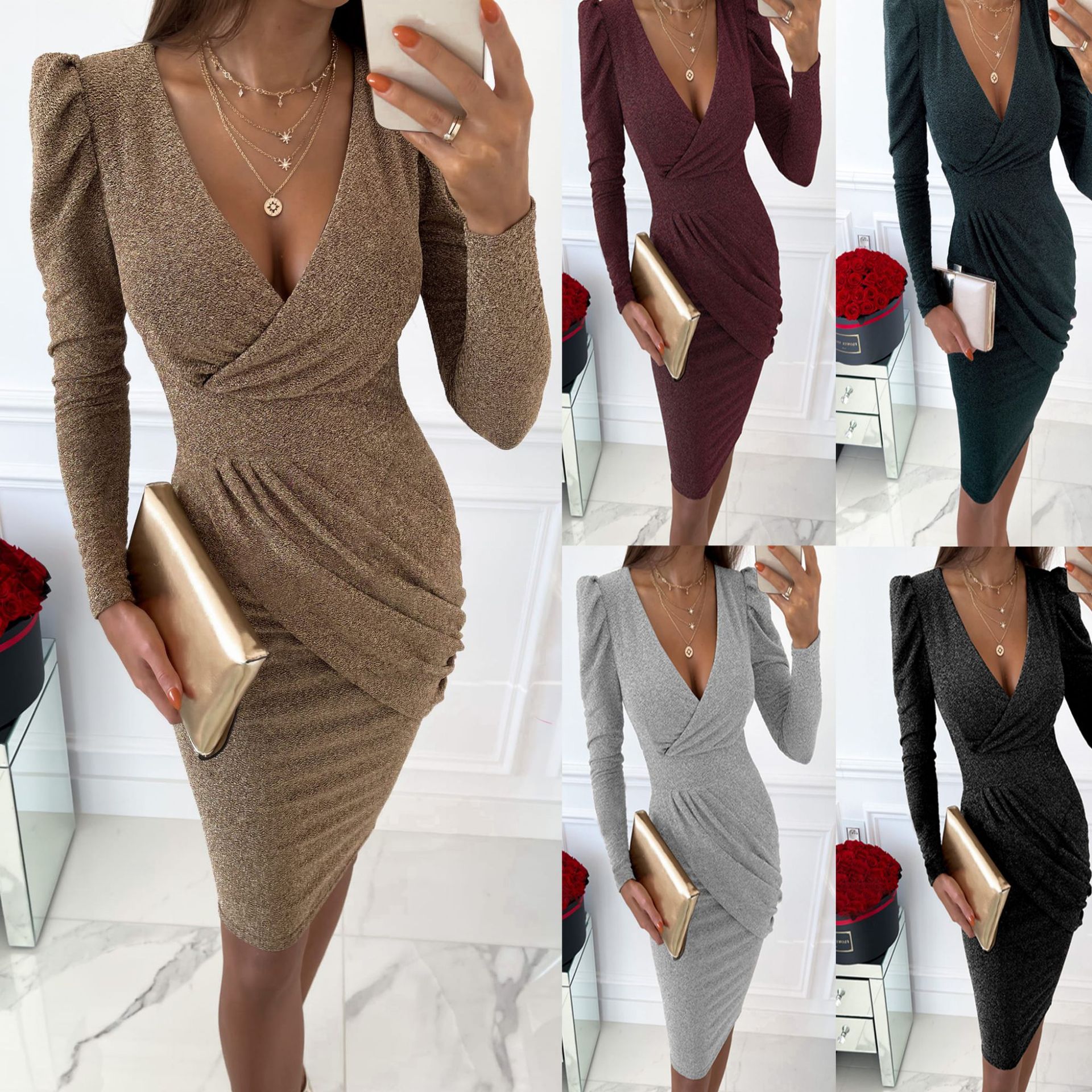 Rochie de petrecere cu mâneci lungi și fir auriu și argintiu pentru femei, la modă, cu mâneci bufante_voghion.com