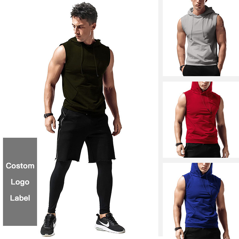 Amazon Men's Vest Hoodie Sleeveless Loose Solid Color Pocket Fitness Muscle Training Running Sports Top