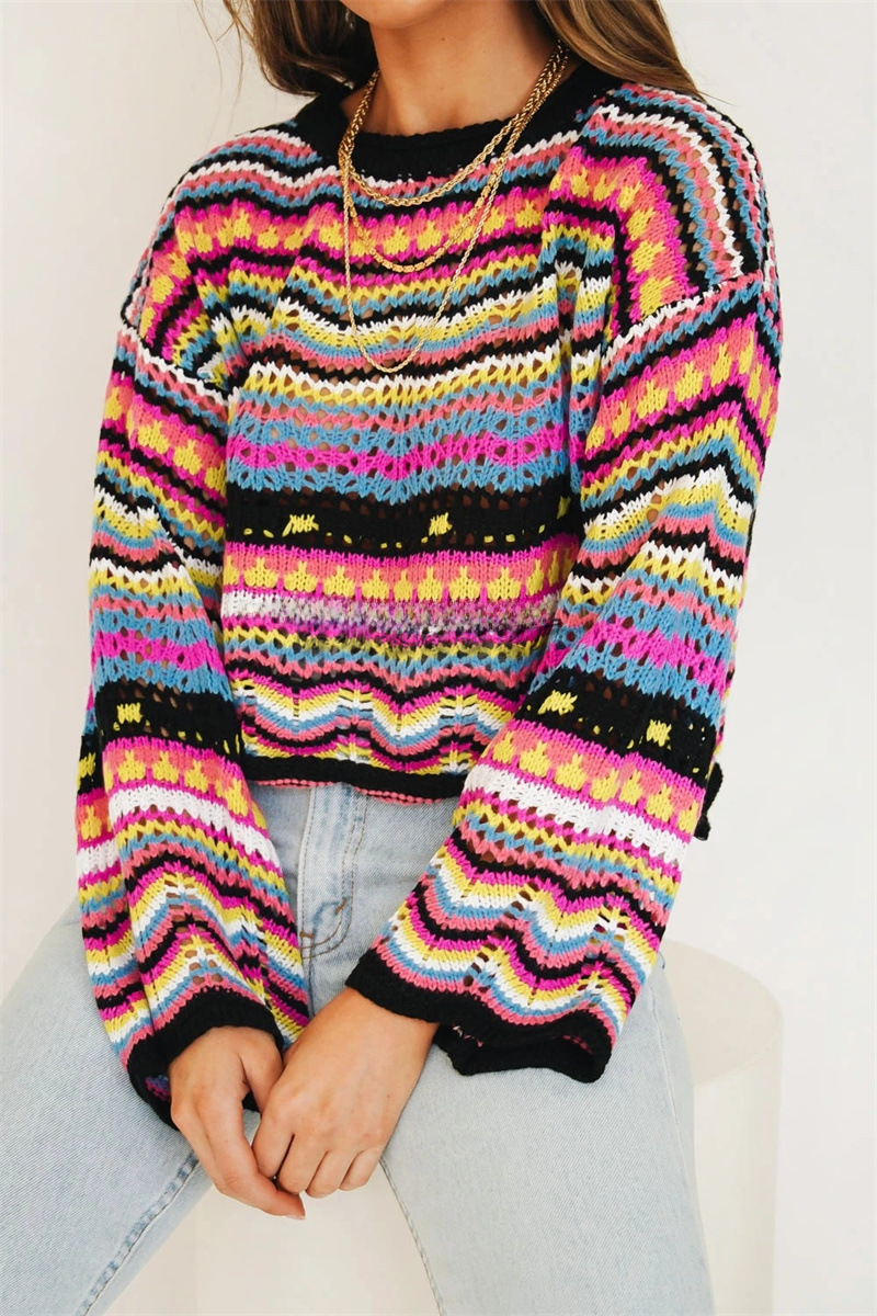 Damen Pullover Mit Streifen Rundhalsausschnitt Herbst Und Winter_voghion.com