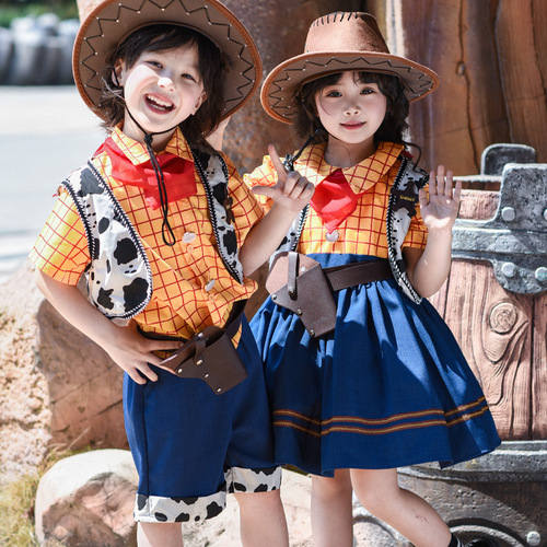 Children's Day June 1st Clothing for Girls and Boys: Denim Cartoon Woody Toy Story Dress and Shorts Set