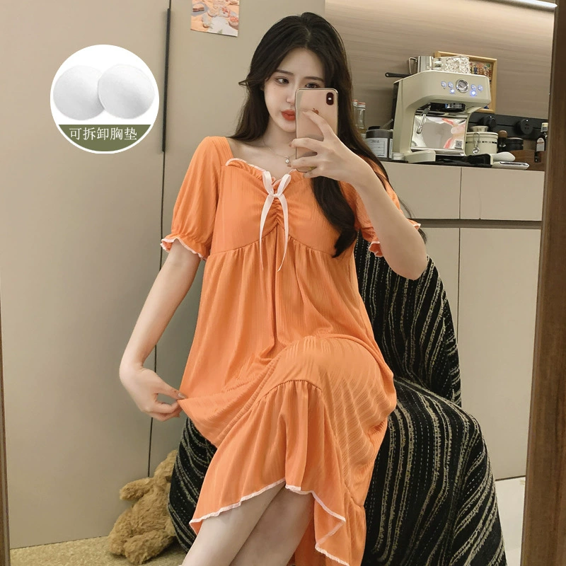 Summer new style dopamine solid color milk silk pit strip chest pad pleated knee-length comfortable home long skirt that can be worn outside