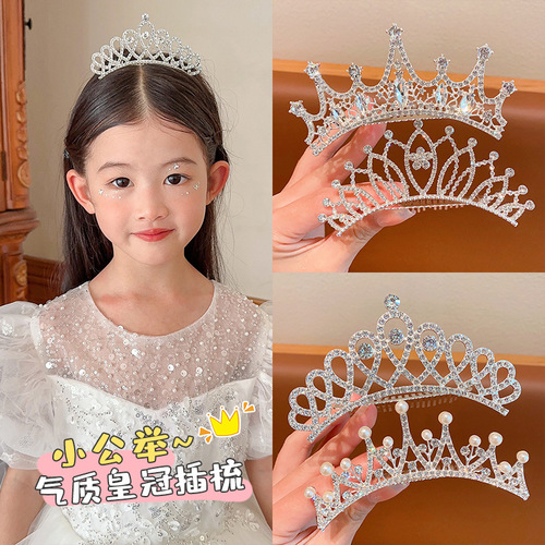 Child Princess Crown Hair Comb Head Accessory for Girls Baby Kids High-end Water Diamond Insert Hairpin Little Girl Birthday Crown Hair Clip