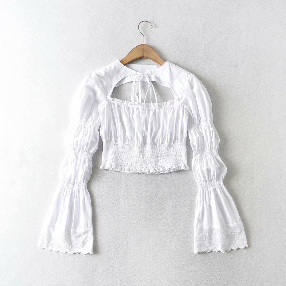 lace-up puff sleeve ruffled blouse NSAM49914