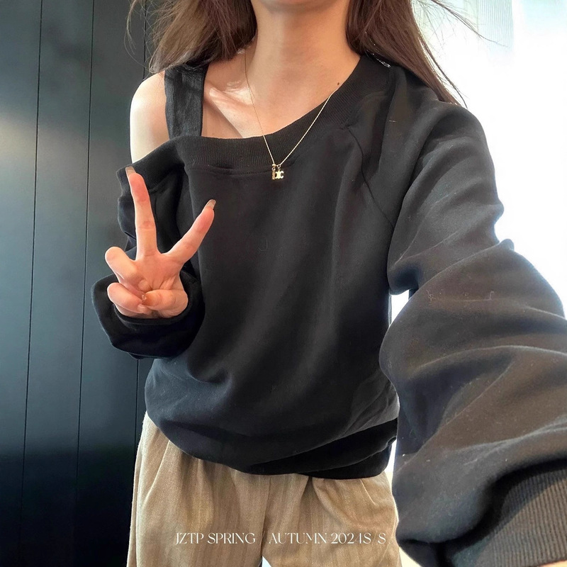 慵懒风灰色斜领露肩长袖卫衣女春秋宽松显瘦休闲百搭套头无帽上衣|undefined