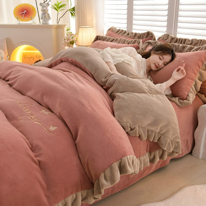 Demi-season velvet autumn warm jeans, double-sided fleece coral duvet cover, flannel set, with embroidery, 4 piece set