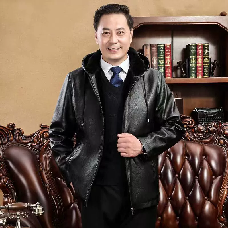 Мужская кожаная куртка среднего возраста с капюшоном на флисовой подкладке, новая зимняя меховая куртка для папы среднего возраста