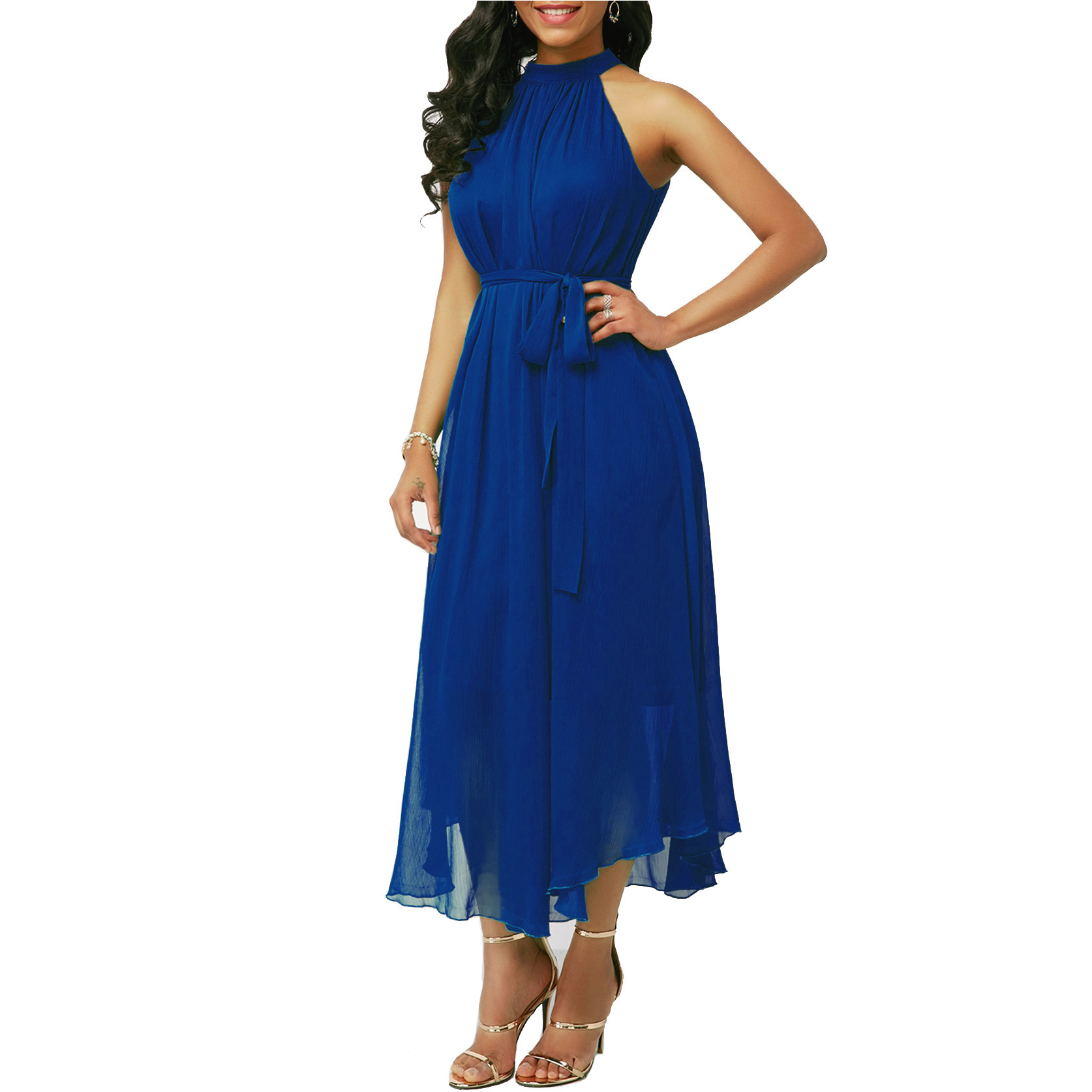 European and American spring and summer halterneck off-shoulder chiffon pleated dress plus size brand women's clothing cross-border supply_senzul.com
