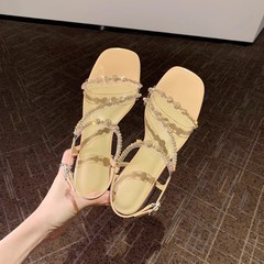 秒發！葡萄媽同款鞋韓版方頭串珠水鑽一字帶搭扣粗跟涼拖鞋女