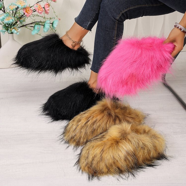 European and American style fluffy long-pile plush half-slippers for women, fashionable lazy slippers for outdoor wear, thickened and warm for autumn and winter, closed-toe furry slippers European and American style fluffy long-pile plush half-slippers for women, fashionable lazy slippers for outdoor wear, thickened and warm for autumn and winter, closed-toe furry slippers