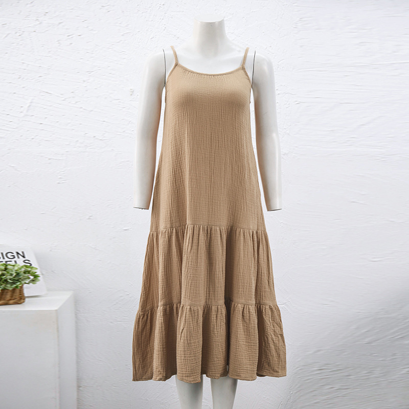 Crepe Cotton Suspender Dress Women Spring Summer Solid Color Sleeveless Midi Dress Holiday Casual Dress