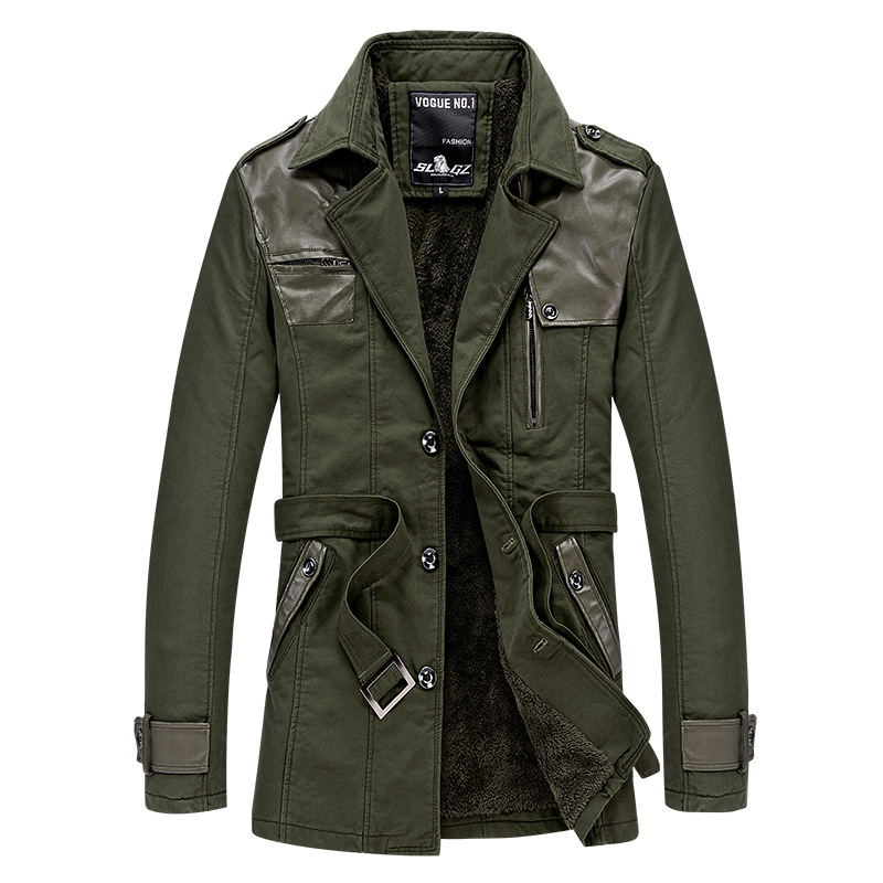Gabardina para hombre, estilo transfronterizo, forrada de lana y gruesa, corte ajustado, chaqueta de longitud media para otoño e invierno, estilo casual, retro, para comercio exterior.