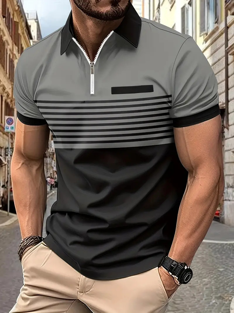 Striped Polo Shirt For Men With Turn-down Collar And Zipper_voghion.com