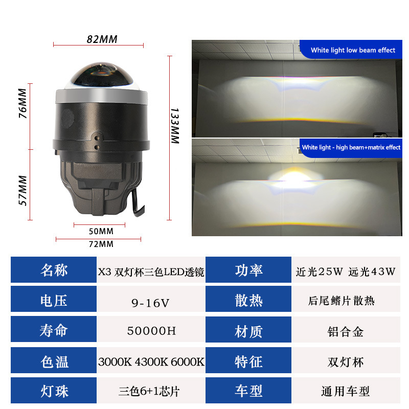3 Inch nuevo X3 copa de luz doble LED tres colores luz antiniebla doble lente modificación coche luz lejana y cercana luz blanca luz amarilla image 4