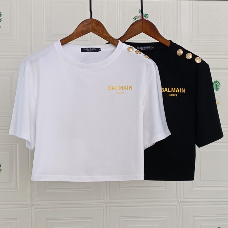Trendy European Balmain Shoulder Buckle Gold Letter Balmain Versatile Top Cotton Short Fashion T-Shirt