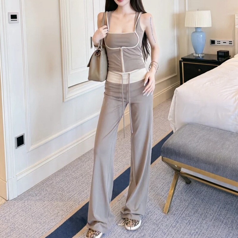 Yuan Yuan Fifth Avenue Two-Piece Color-Blocking Slimming Versatile Fashion Set Top + Pants
