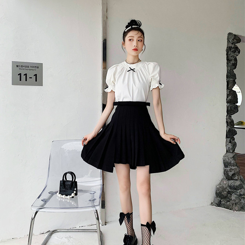 Small Bow Puff Sleeve Top Girly Style Shirt Women's Short Sleeve Summer Style