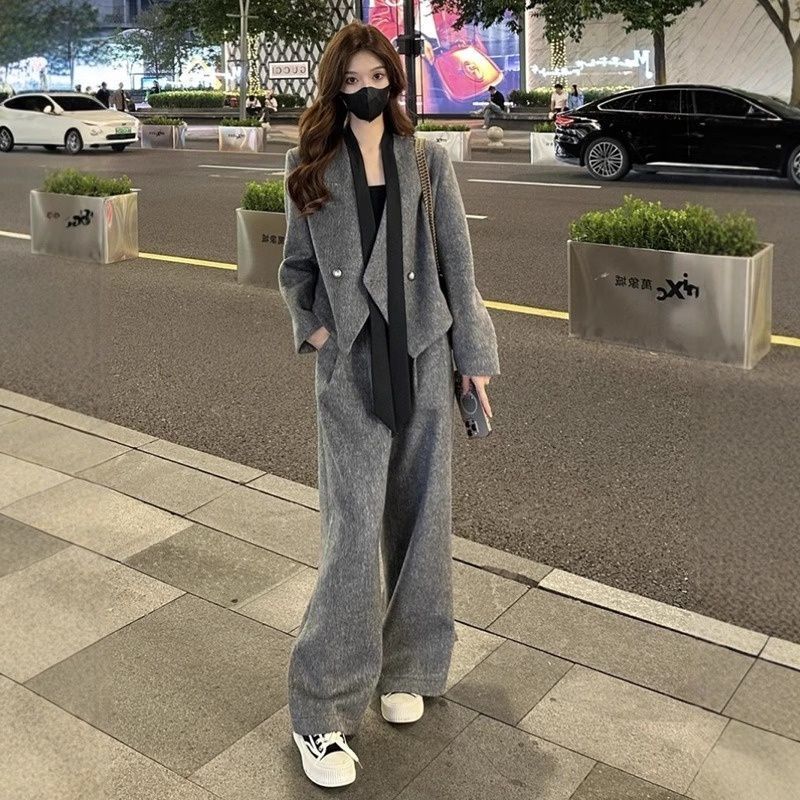 2025时尚高级设计飘带外套女休闲直筒裤秋冬季新款两件套套装韩版|undefined