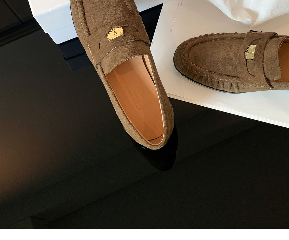 Giày lười nữ da bò nhăn nhúm phong cách retro, gót thô 6–8 cm, mũi tròn xỏ chân — Màu kaki, Màu nâu cà phê chi tiết 7