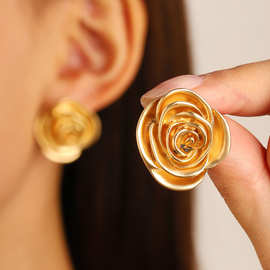 中古风金色玫瑰耳钉女法式轻奢立体山茶花耳环欧美复古花朵耳环潮