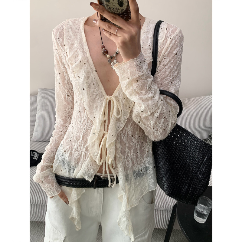Doris French-Style Pure Desire Rhinestone V-Neck Lace Blouse for Women with Ruffled Tie, Long Sleeves, Slightly Sheer, Gentle Style Top