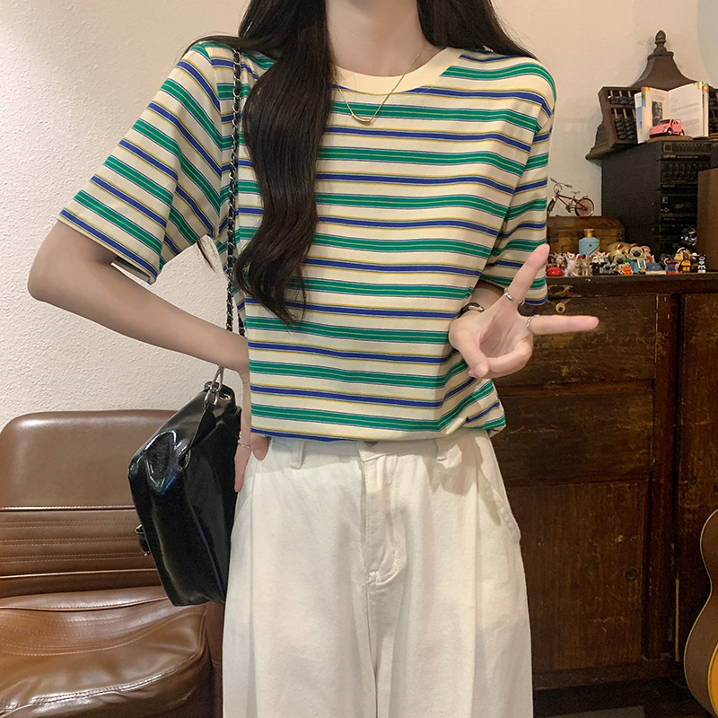 2025夏季新款洋气减龄美式复古港味chic彩虹条纹正肩短袖t恤上衣
