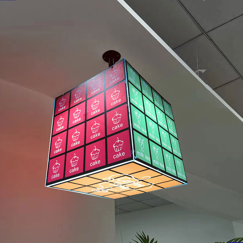 Cubo de color 360 grados caja de lámpara acrílica muestra café leche té en línea tiendas creativas cartel