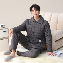 睡衣男士冬季珊瑚绒加厚加绒三层夹棉袄秋冬款保暖羽绒棉服家居服
