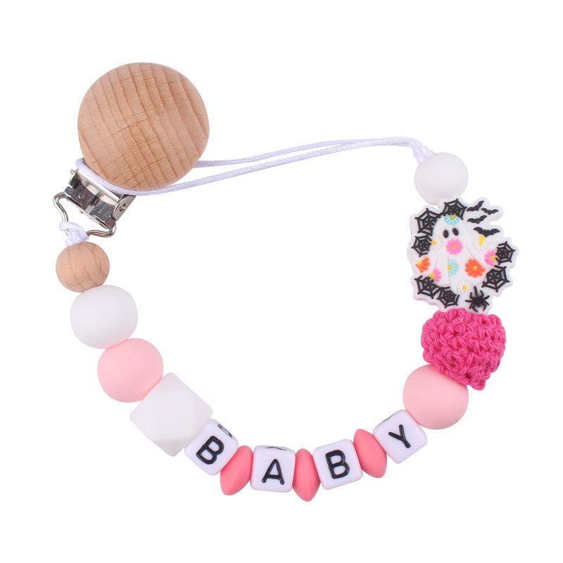 Productos para bebés, juguetes de planeta creativo, pinza de chupete de madera, cadena de chupete de silicona para bebés, cadena anti-caída