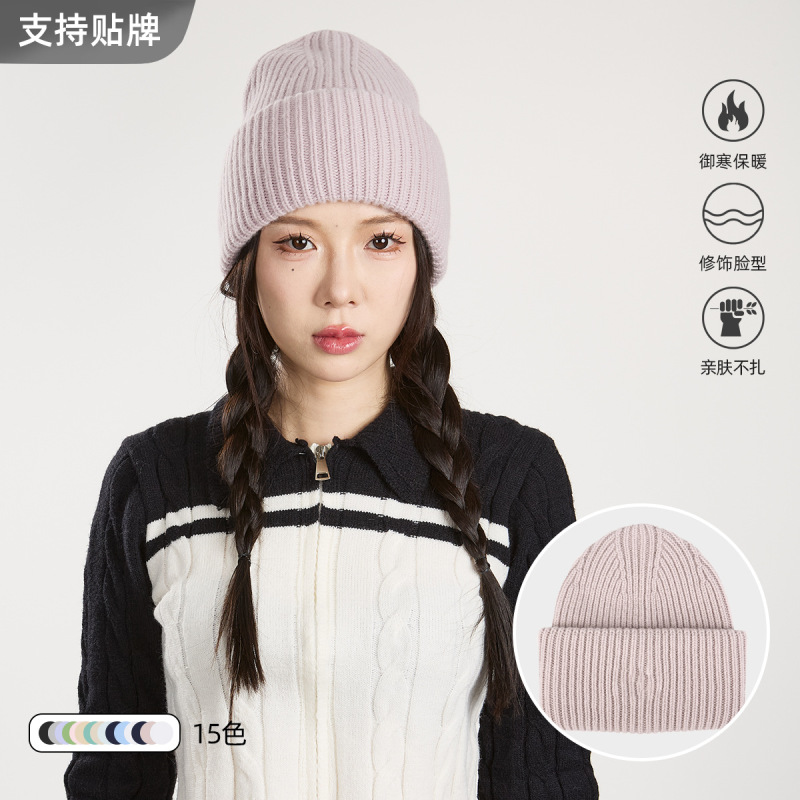 [in stock] 100 Merino wool knitted hat cross-border wholesale men's and women's fashion warm high turn-up wool hat