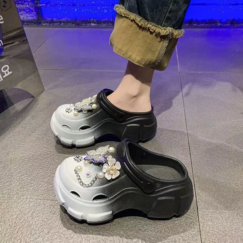 Обувь на платформе, модные нескользящие шлепанцы с жемчужным декором, тапочки, интернет-образ, градиент, городской стиль
