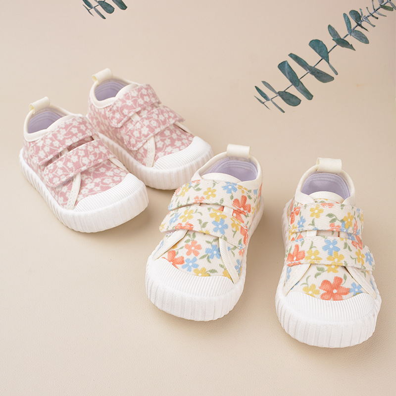 Spring 24 New Product Cute Printed Baby Canvas Shoes Casual Soft Sole Double Velcro Anti Kick Middle and Small Children's Single Shoes