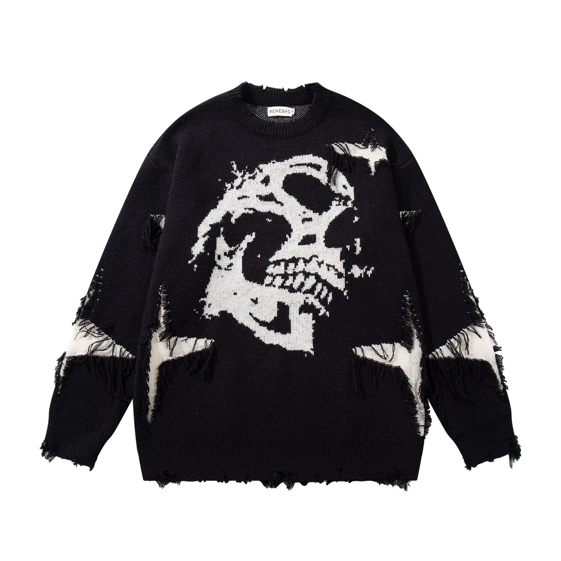 Jiayiku Men's Clothing 2025 New American Hip-Hop Trendy Brand Broken Cut Skull Sweater Thickened Knitted Sweater for Men