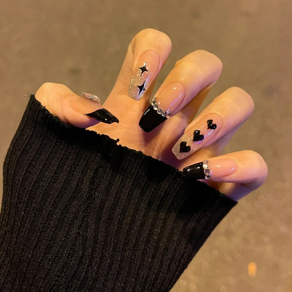 Moda con diamantes para usar uñas de ballet dulce y misterioso amor negro francés 24 piezas de parche de uñas