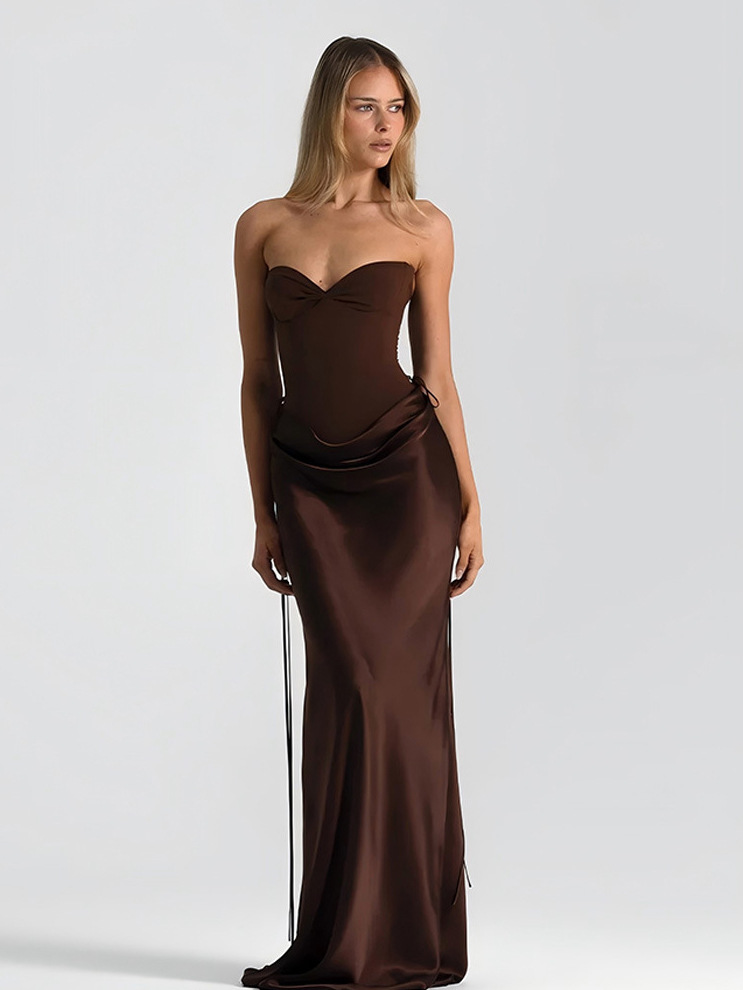 Foreign Trade New European and American Fashion Solid Color Fishtail Waist-Cinching Slim Dress with Draped Sash Fishtail Long Dress
