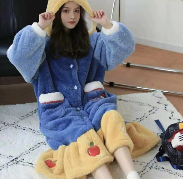 Pijamas de franela lindo coral polar pareja Yugui perro camisón espesado largo de una pieza azul primavera homewear