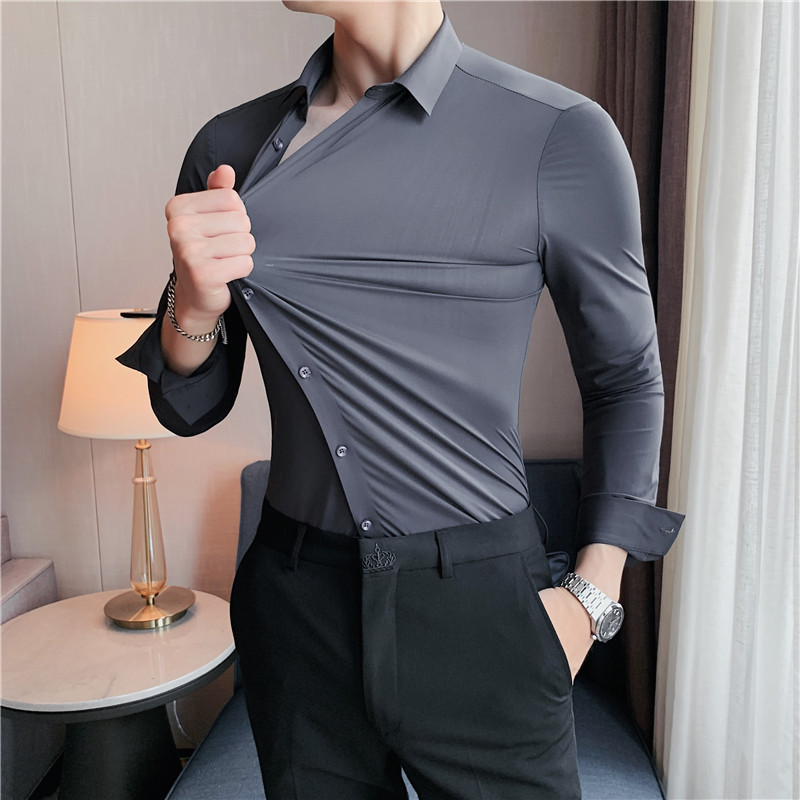 Douyin Live Broadcast Supply Men's Long-Sleeved Shirt Korean Style Slim Stretch Shirt Good Quality Seamless Shirt Long-Sleeved Men