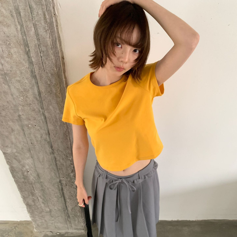 6up Spring/Summer New Korean Style Solid Color Round Neck T-Shirt Short Sleeve Guangzhou 13 Line Multi-Color Versatile Top for Women 60273