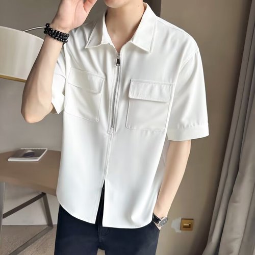 Summer Men's Casual Polo Shirt T-Shirt Trendy Slim Fit Collared Half-Sleeve Polo Shirt White