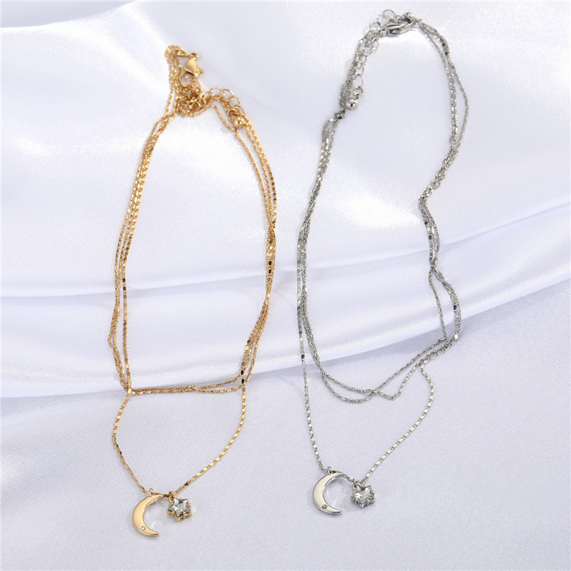 European Cross-border Fashion Simple Metal Stacked Necklace Rhinestone Star Moon Pendant Clavicle Chain display picture 1