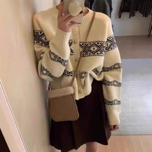 韩系复古撞色提花针织开衫女秋冬慵懒风设计感宽松长袖毛衣外套女