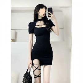 小众高档感挂脖绑带连衣裙女夜场纯欲短袖辣妹短裙黑色显瘦包臀裙