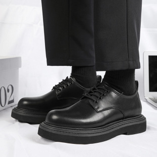 2023 New British Style Thick-soled All-match Low-top Casual Leather Shoes Men's Derby Shoes Black Heightened Leather Shoes