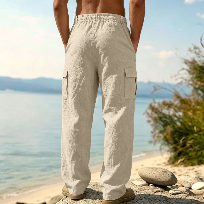 KOOSSOASIS Men's Summer Linen Overalls Loose Breathable Casual Pants Cotton And Linen Beach Pants_viptrois.com